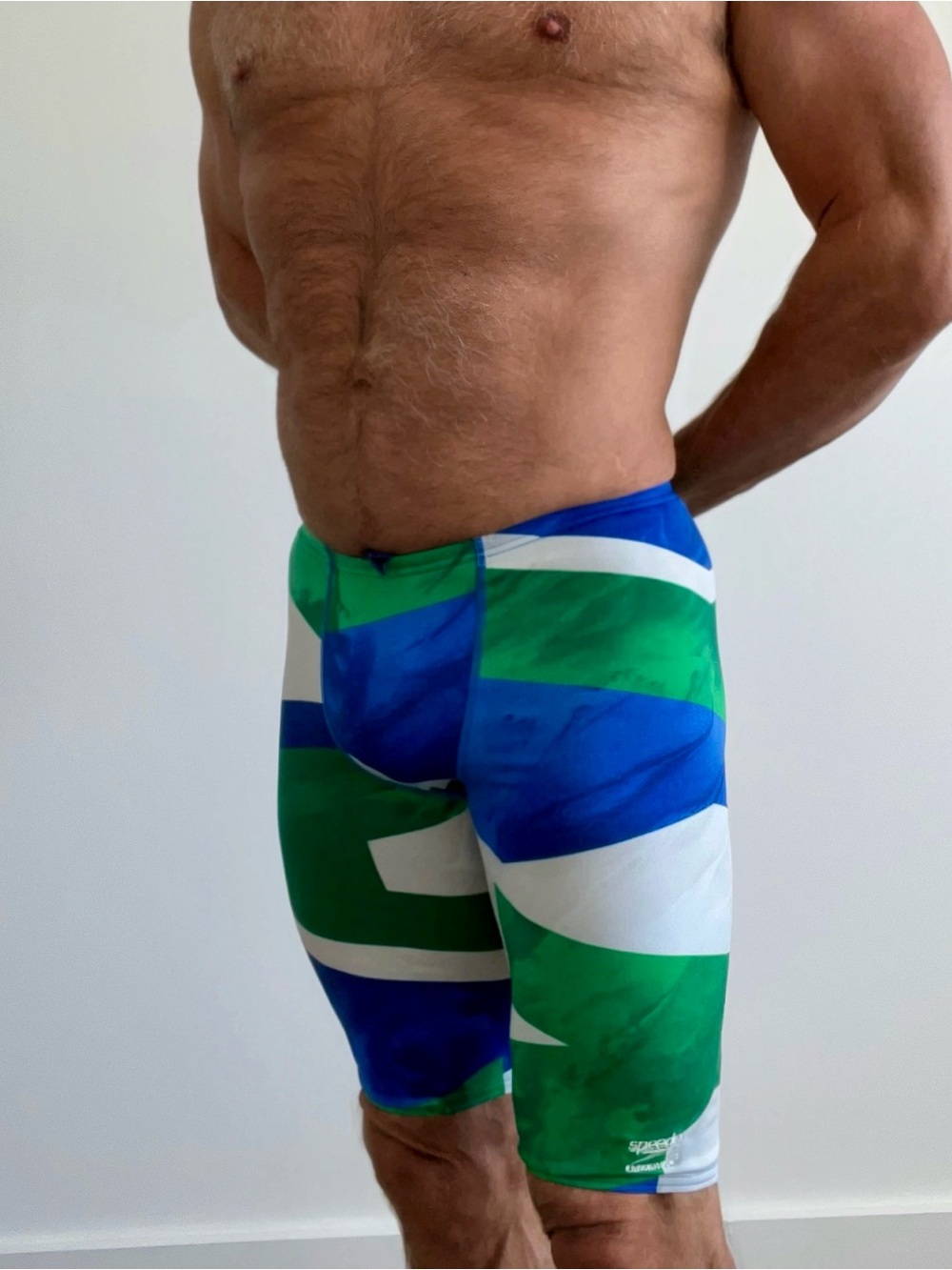 Speedo Men’s Blue & Green Geometric Swim Jammers, Size 32